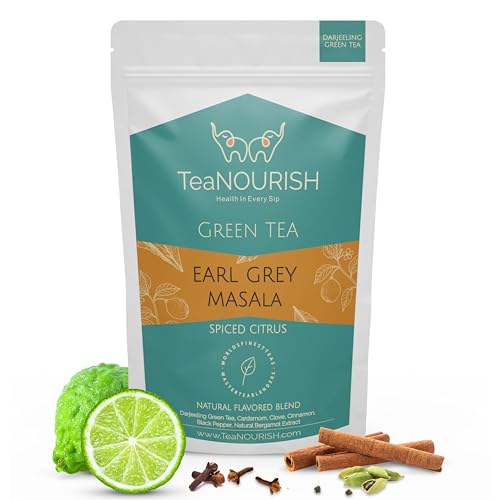 TeaNOURISH Earl Grey Masala Grüner Tee | Gewürzte Zitrusfrüchte | Darjeeling loser Tee | gemischt mit indischen aromatischen Gewürzen angereichert mit Bergamotte | 50 Tassen heiß oder geeist – 100 g von TEANOURISH