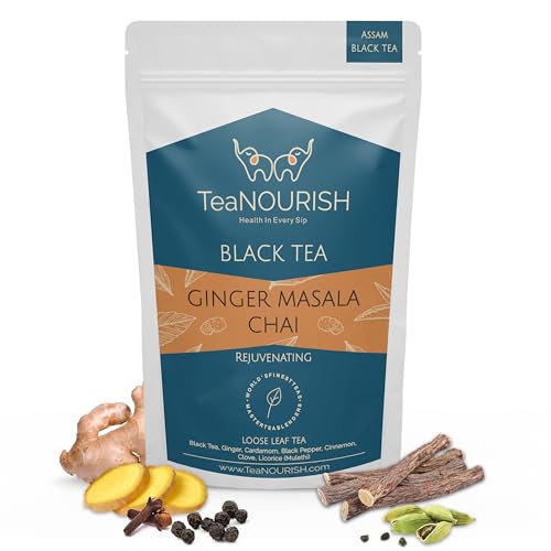 TeaNOURISH Ingwer-Masala-Chai-Tee | Assam CTC Loser Schwarztee | Gemischt mit authentischen indischen Gewürzen | Indischer Ingwertee | 100% NATÜRLICHE ZUTATEN – 100 g von TEANOURISH