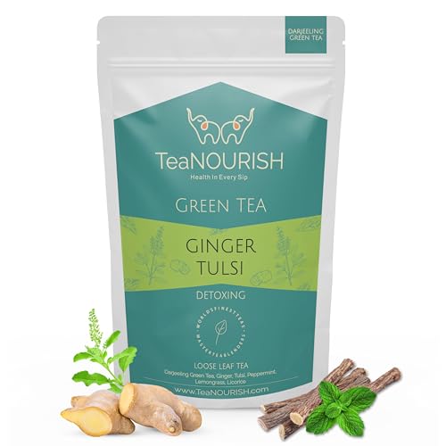 TeaNOURISH Ingwer Tulsi Grüner Tee | Darjeeling Loseblatt | Indische Superfoods Ingwer, Tulsi & Lakritze | Lindert Stress und fördert die Verdauung | Heiß oder eiskalt brauen – 100 g von TEANOURISH