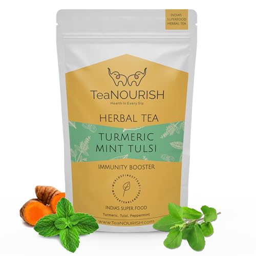 TEANOURISH Kurkuma-Minze-Tulsi-Kräutertee | Indische Superfoods | Mischung aus Kurkuma, Tulsi und Pfefferminze | Immununterstützung | 100% NATÜRLICHE ZUTATEN – 100 g von TEANOURISH