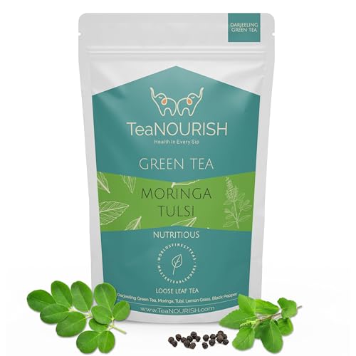 TeaNOURISH Moringa Tulsi Grüner Tee | Darjeeling loser Blatttee | 100 % natürliche Moringa- und Tulsiblätter | Tee zur Unterstützung des Immunsystems – 100 g von TEANOURISH