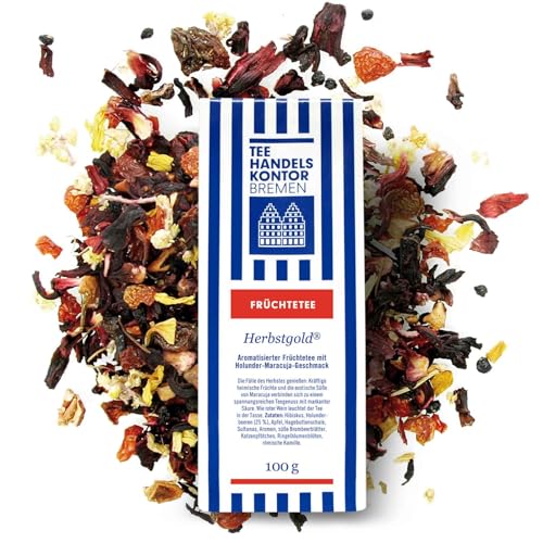 Herbstgold Tee lose | Aromatisierter Früchtetee mit Holunder-Maracuja-Geschmack 100 g | Kräftige heimische Früchte und die exotische Süße von Maracuja | TEE HANDELSKONTOR BREMEN von TEE HANDELSKONTOR BREMEN