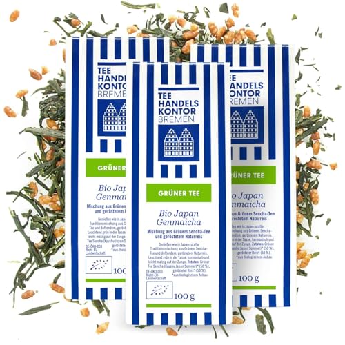 Hochwertiger Grüner Sencha Tee mit geröstetem Naturreis | Bio Japan Genmaicha | 3 x 100 g loser Sencha-Tee | Japanischer Tee lose | TEE HANDELSKONTOR BREMEN von TEE HANDELSKONTOR BREMEN