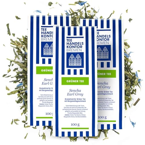 Hochwertiger Sencha Earl Grey Tee grün lose | Aromatisierter Grüner Tee mit Bergamottegeschmack 3 x 100 g lose | Ein echter Genuss | TEE HANDELSKONTOR BREMEN von TEE HANDELSKONTOR BREMEN