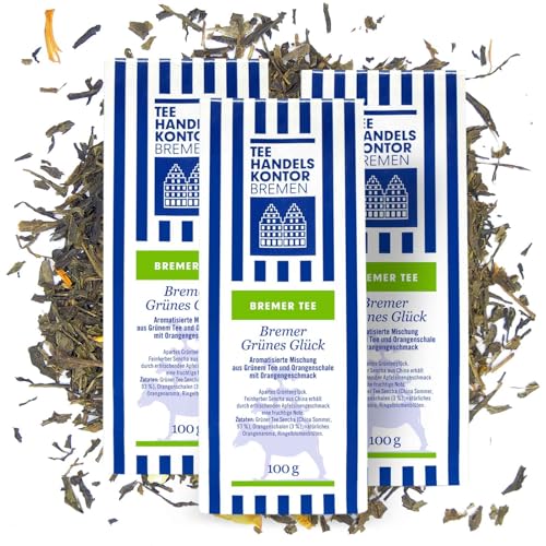 TEE HANDELSKONTOR BREMEN | Grüner Sencha Tee lose | 3 x 100 g loser Tee | Aromatisierte Mischung aus Grünem Tee und Orangenschale mit Orangengeschmack | Exklusive Teemischung | aromatisierter Tee von TEE HANDELSKONTOR BREMEN