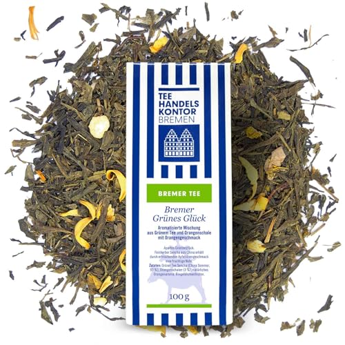 Tee Handelskontor Bremen, Grüner Sencha Tee lose, 100 g loser Tee, Aromatisierte Mischung aus Grünem Tee und Orangenschale mit Orangengeschmack, Exklusive Teemischung, aromatisierter Tee von TEE HANDELSKONTOR BREMEN