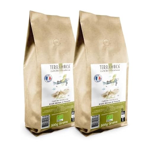 TERRAMOKA - Exzellenter Bio-Bohnenkaffee - 80% Reine Arabica (Mexiko,Brasilien) & 20% Robusta aus Tansania - Wohlschmeckend und anhaltend - 1Kg (2*500g) - 100% Recycelbar - Arthur - In Frankreich von TERRAMOKA