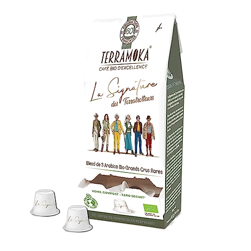 TERRAMOKA Exzellenter Bio-Kaffee - 3 Arabica-Sorten: Indien, Äthiopien und Brasilien - Intensiv, blumig- 60 Nespresso Kapseln Kompatibel Zero Waste - Die Signatur der Terratrotteurs – Frankreich von TERRAMOKA