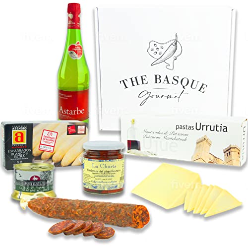 THE BASQUE Gourmet-Geschenkset - Urlaubs- und Weihnachts-Geschenkkorb mit Käse, Spargel, Piquillo-Paprika, Foie Pate, Mandelgebäck, Chorizo, Buttergebäck, Natürlicher Apfelwein – Deluxe Geschenkbox von THE BASQUE gourmet