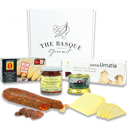 THE BASQUE Gourmet-Geschenkset - Urlaubs- und Weihnachts-Geschenkkorb mit Käse, Spargel, Piquillo-Paprika, Foie Pate, Mandelgebäck, Chorizo, Buttergebäck aus Anisbranntwein – Deluxe Geschenkbox von THE BASQUE gourmet