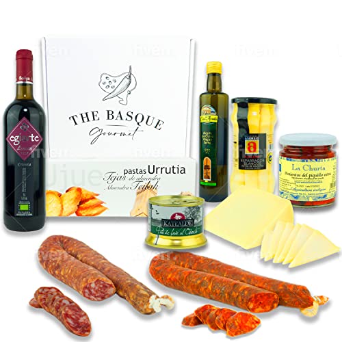 THE BASQUE Gourmet-Geschenkset - Urlaubs- und Weihnachts-Geschenkkorb mit Wein, Käse, Spargel, Extra natives Olivenöl, Piquillo-Paprika, Foie Pate, Chorizo, Wurst – Deluxe Geschenkbox von THE BASQUE gourmet