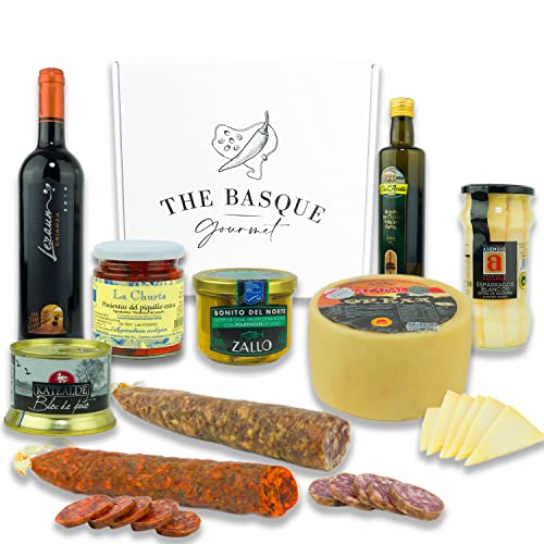 THE BASQUE Gourmet-Geschenkset - Urlaubs- und Weihnachts-Geschenkkorb mit Wein, Käse, Spargel, Extra natives Olivenöl, Piquillo-Paprika, Foie Pate, Chorizo, Wurst – Deluxe Geschenkbox von THE BASQUE gourmet