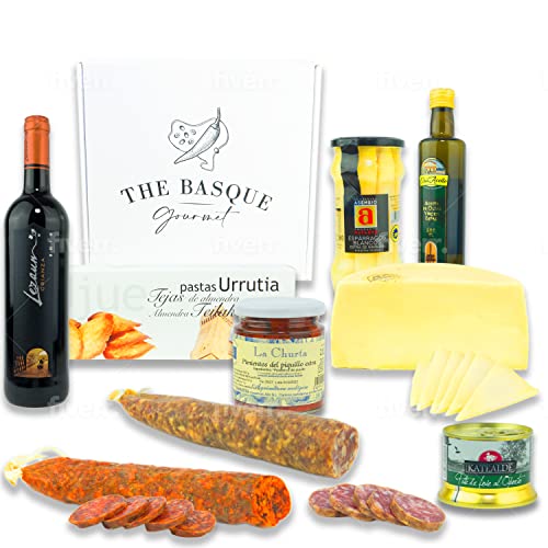 THE BASQUE Gourmet-Geschenkset - Urlaubs- und Weihnachts-Geschenkkorb mit Wein, Käse, Spargel, Extra natives Olivenöl, Piquillo-Paprika, Foie Pate, Mandelgebäck, Chorizo, Wurst – Deluxe Geschenkbox von THE BASQUE gourmet