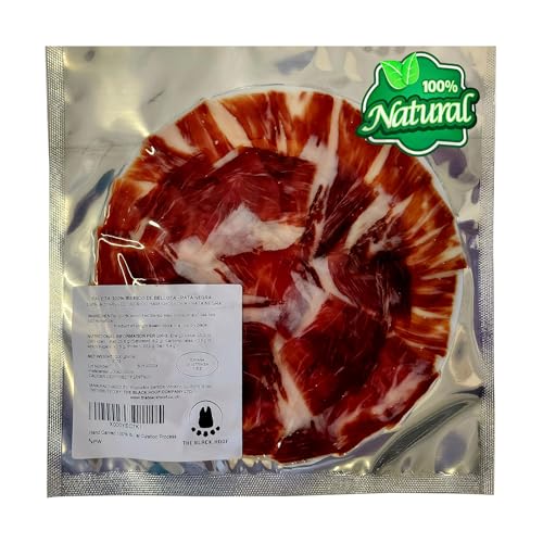 Hand Geschnitten 100% Iberico Schinken (vorderschinken) BELLOTA in Scheiben +24 Monate 100% natürlich - 100 Gramm Eichel Schinken PATA NEGRA frisch Geschnitten - Jamon Iberico de Bellota von THE BLACK HOOF