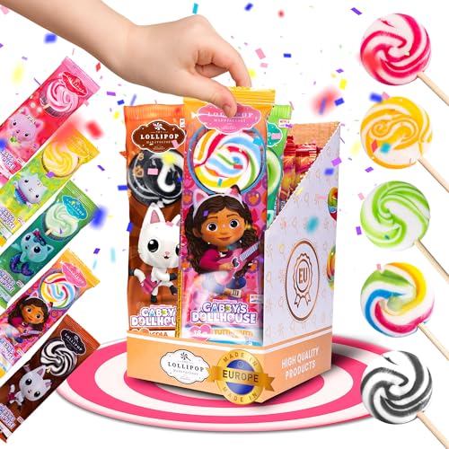 THE LOLLIPOP 20x Gabby's Dollhouse Lutscher Großpackung für Kinder [HANDGEMACHT] Lollies mit natürlichen Farbstoffen - Apfel Erdbeere Cola Banane Himbeere - Süßigkeiten als Geschenk für Geburtstag von THE LOLLIPOP MANUFACTORY