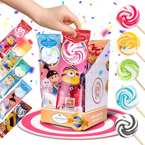 THE LOLLIPOP 20x Minions Gru 4 Lutscher Großpackung für Kinder [HANDGEMACHT] Lollies mit natürlichen Farbstoffen - Apfel Erdbeere Cola Banane Himbeere - Süßigkeiten als Geschenk für Geburtstag von THE LOLLIPOP MANUFACTORY