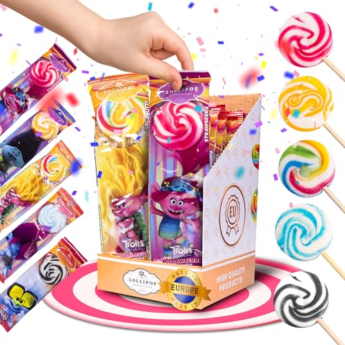 THE LOLLIPOP 20x Trolls Lutscher Großpackung für Kinder [HANDGEMACHT] Lollies mit natürlichen Farbstoffen - Orange Erdbeere Cola Tutti-Frutti Himbeere - Süßigkeiten als Geschenk für Geburtstag von THE LOLLIPOP MANUFACTORY