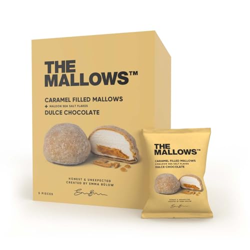 THE MALLOWS - CARAMEL FILLED MALLOWS + DULCE CHOCOLATE SCHACHTEL – 5 STÜCK - Dänische Gourmet Karamell gefüllte Marshmallows, dragiert mit karamellisierter weißer Schokolade und Maldon-Salz von THE MALLOWS