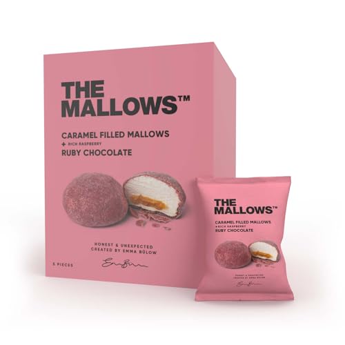 THE MALLOWS - CARAMEL FILLED MALLOWS + RUBY CHOCOLATE SCHACHTEL – 5 STÜCK - Dänische Gourmet Karamell gefüllte Marshmallows, dragiert mit Rubinschokolade und Himbeeren von THE MALLOWS