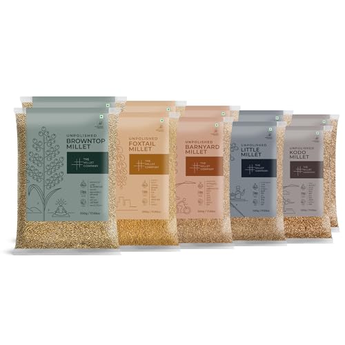 The Millet Company Unpolished Millet Combo Pack of 5, Browntop, Foxtail, Kodo, Barnyard, and Little Millet, Natural Farm Grown, High Fiber Millets (Total 5 kg. Each 1 kg Packet) von THE MILLET COMPANY