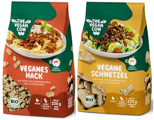 THE VEGAN COW - Veganer Bio-Fleischersatz - 75g (225g zubereitet) - doppelte Proteinquelle - TOP Qualität, Geschmack und Konsistenz - Allergenfrei und ohne Soja (2x75g, Veganes Hack und Schnetzel) von THE VEGAN COW