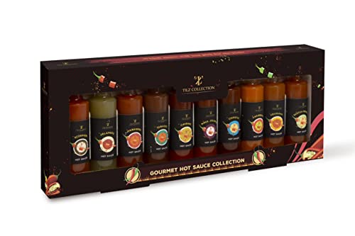 10 Chili Hot Sauce Food Collection Geschenkset – Geschenke für Männer und Frauen Jalapeno Sauce, Habanero Hot Sauce, Scotch Bonnet Sauce – Weihnachtsgeschenke von TILZ COLLECTION