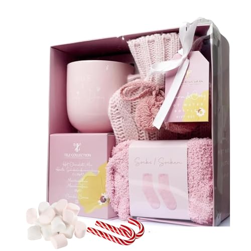 Geschenkset für heiße Schokolade mit Tasse, Marshmallows, Mini-Geschenksets für Winter-Wärmflaschen, Socken und Zuckerstange, Geschenkset für Wärmflaschen, Geschenke für Männer, Geschenke für Frauen von TILZ COLLECTION