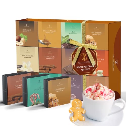 Heiße Schokolade Geschenkset Kakao Geschenkset Mini Trinkschokolade Verschiedene Geschmacksrichtungen Inklusive Gerösteter Marshmallow Haselnüsse Lebkuchen Luxuriöse Weihnachtsgeschenke (9 Stück) von TILZ COLLECTION