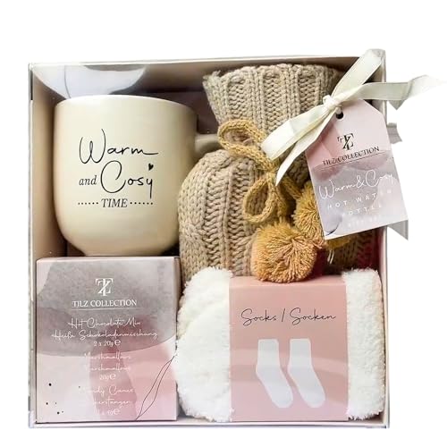 Heiße Schokolade Geschenkset mit Becher Marshmallows und Mini Winter Wärmflasche Geschenksets mit Wärmflaschenbezug Gemütliches Gegenwart für Frauen Männer Erwachsene von TILZ COLLECTION