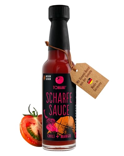 Tomami Scharfe Sauce Chili+Mango 90ml - Feurige Schärfe mit Umami-Geschmack - Vegan & Glutenfrei - Ideal für den Grill - Zu Fleisch, Fisch & Gemüse von TOMAMI