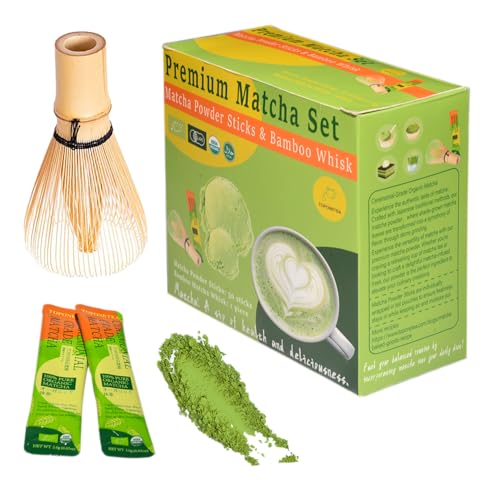 TOP ONE Mini Matcha Tee Set - Bio-Zeremonielles Matcha-Pulver aus Japan mit 30 Einzelportionen und handgefertigtem Bambusbesen von TOP ONE