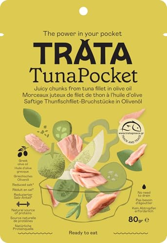 TRATA Tuna Pocket mit Olivenöl | Saftiger Thunfisch | Thunfischfilet-Stücke in Olivenöl | Kein Abtropfen nötig | Proteinquelle - High Protein von TRATA