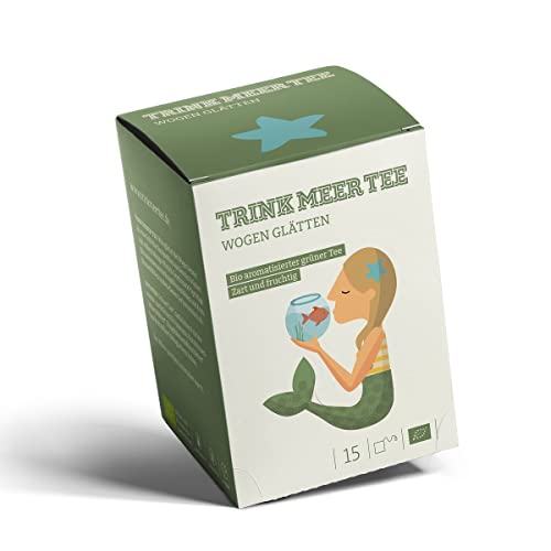 Trink Meer Tee WOGEN GLÄTTEN - Bio Grüner Tee | hocharomatisch | Bio Sencha mit Mango, Pfirsicharomen und Ringelblumenblüten | aromatisierter Sencha Tee in handgenähten Teebeuteln I 15 x 3g = 45g von TRINK MEER TEE