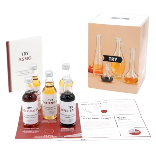 TRY Essig Probierset - 5x 50ml Fruchtessig, Weinessig, Balsamico Essig & praktische Tipps - Feinkost Geschenkset Essig für Kochliebhaber von TRY FOODS