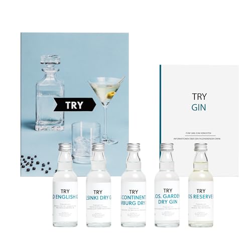 TRY Gin Geschenkset(5x 50ml) - Gin Tasting Set mit verschiedenen Stilen (London Dry, New Western, fassgereift) und vielen Infos - das perfekte Gin Geschenk für Männer und Frauen von TRY FOODS