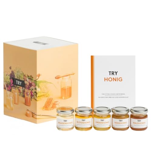 TRY Honig Geschenkset - 5x 50g reine Imkerhonige und 1 Booklet. Die Probierset Geschenkidee für alle Honig-Liebhaber! von TRY FOODS