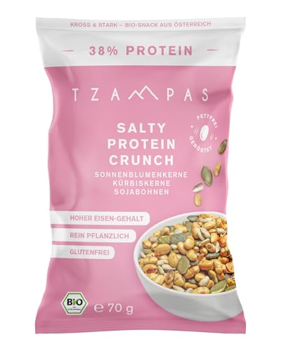 TZAMPAS® BIO Protein Snack Salzig · 10x70g Salty Protein Crunch Meersalz · Sonnenblumenkerne, Kürbiskerne, Sojabohnen · Bio Soja Protein Crispies aus Österreich · 38% Protein von TZAMPAS