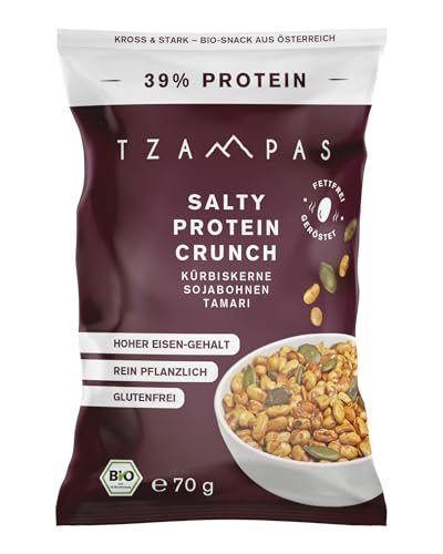 TZAMPAS® BIO Protein Snack Salzig · 10x70g Salty Protein Crunch Tamari · Kürbiskerne, Sojabohnen, Tamari · Bio Soja Protein Crispies aus Österreich · 39% Protein von TZAMPAS