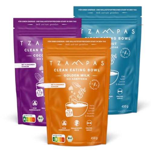 TZAMPAS Clean Eating Bowl - Alle Sorten mit Mix: Cocoa Berry, Tigernut, Golden Milk; Mit Flohsamenschalen; Zuckerarm, ballaststoffreich, Proteinquelle; bio und vegan 3 x 450g von TZAMPAS