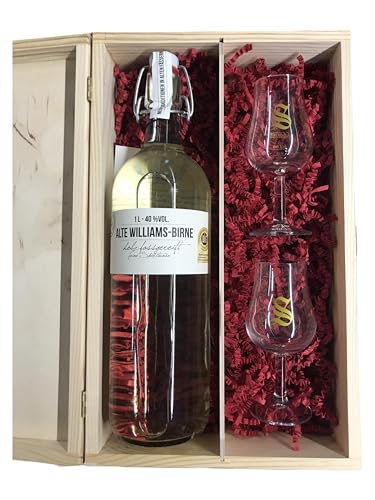 Alte Willamsbirne Geschenkset - Brand BIRKENHOF Alte Willamsbirne 40% Vol. 1000ml in stilvoller Holzbox mit 2 Signatory-Gläsern - Exklusives Präsent für Genießer von Tabakland ...ALLES WAS ANMACHT!