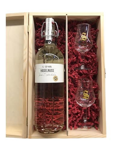 BIRKENHOF Haselnuss Geschenkset | 40% Vol. | 1000ml | Inkl. 2 Gläsern | Verschiedene Geschenkoptionen (Holzbox, Signatory-Tastingglas) von Tabakland ...ALLES WAS ANMACHT!