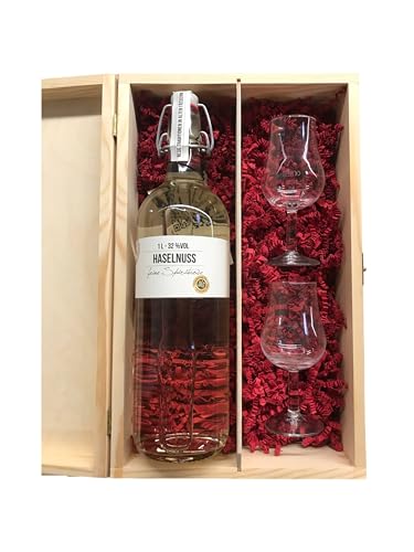 BIRKENHOF Haselnuss Geschenkset | 40% Vol. | 1000ml | Inkl. 2 Gläsern | Verschiedene Geschenkoptionen (Holzbox, Tastingglas) von Tabakland ...ALLES WAS ANMACHT!