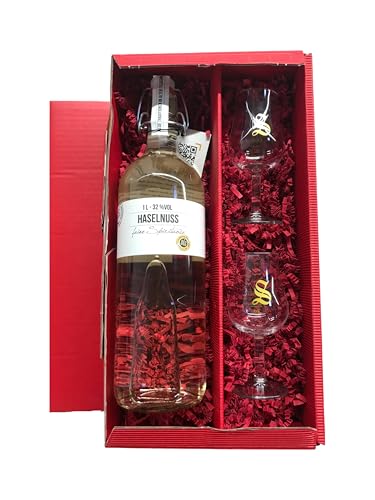 BIRKENHOF Haselnuss Geschenkset | 40% Vol. | 1000ml | Inkl. 2 Gläsern | Verschiedene Geschenkoptionen (roter Geschenkkarton, Signatory-Tastingglas) von Tabakland ...ALLES WAS ANMACHT!