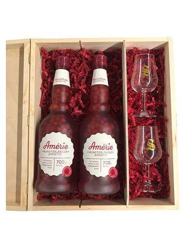 Sasse Amérie Münsterländer Aperitif Set – 2x 700ml 16% vol. Flaschen + 2 Gläser – Fruchtiger Himbeerlikör in stilvoller Holzbox – von Tabakland ...ALLES WAS ANMACHT!