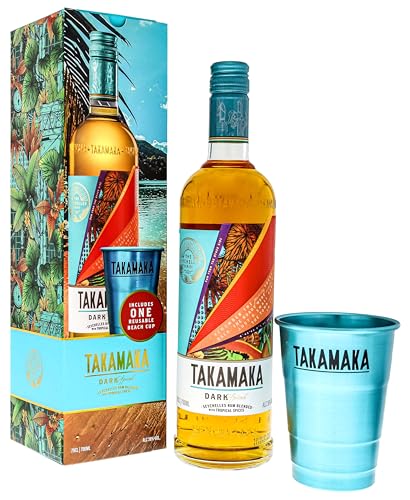 Takamaka I Dark Spiced I 700 ml I 38% Volume I Brauner Premium Rum mit Beach Cup in einer Geschenkbox von Takamaka