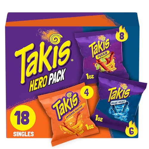 Takis 18 Stück/28.3 g Hero Variety Pack, sortierte gemischte gerollte Tortilla-Chips - (8) Fuego 28.3 g, (6) Blue Heat 28.3 g, (4) Intense Nacho 28.3 g von Takis