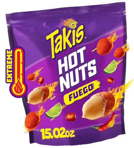 Takis Fuego Hot Nuts 425 ml Sharing Size Wiederverschließbarer Beutel, Hot Chili Pepper & Lime Flavored Extreme Spicy Double-Crunch Peanuts von Takis