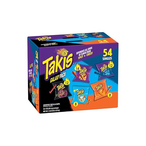 Takis Galaxy Pack Assorted Flavored Tortilla Chips in 54 Einzelpackungen (28g), Intense Nacho, Blue Heat, Fuego, Buckin' Ranch, Dragon von Takis