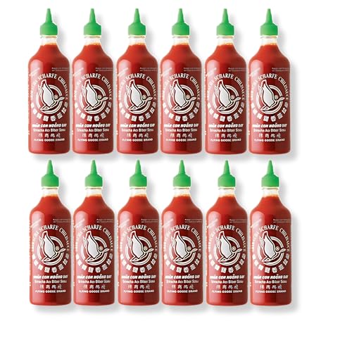 Takori - FLYING GOOSE Sriracha, scharfe Chillisauce Hot Sauce, grüne Kappe mit Würze aus Thailand, 12er 730ml Karton - Mit gratis 2er Pack Mehrweg Esstäbchen von Takori