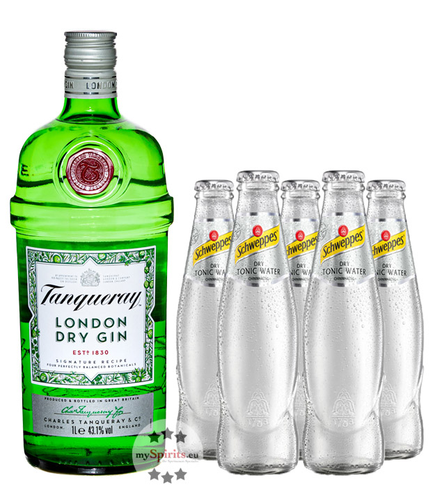 Tanqueray London Dry Gin & 5 x Schweppes Dry Tonic (43,1 % Vol., 1,7 Liter) von Tanqueray